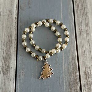 2 Holiday Beaded Stretch Bracelets Faux Pearls Christmas Tree Charm